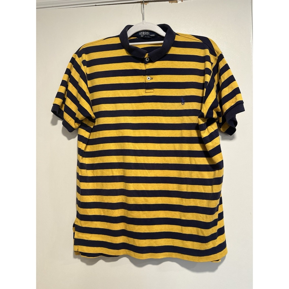 Polo Ralph Lauren Vintage 80s Polo Shirt Sz:L Blue Yellow Striped Cotton